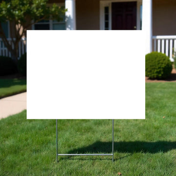 Picture of a 24x18 size lawn sign attached to a metal stake in a front lawn with a house in the background