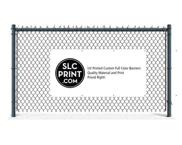 a picture of a 6x3 foot banner attached to a chain link fence, it advertises custom full color banner with quality material and priced right