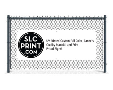 picture of a 8x3 banner attached to a fence in front of a white background
