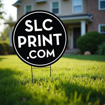 Picture of a custom circle lawn sign in a yard in front of a house