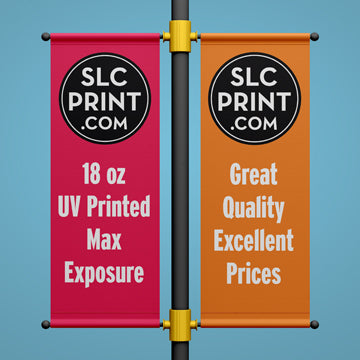 picture of two light pole banners that advertise 18oz material and uv printed