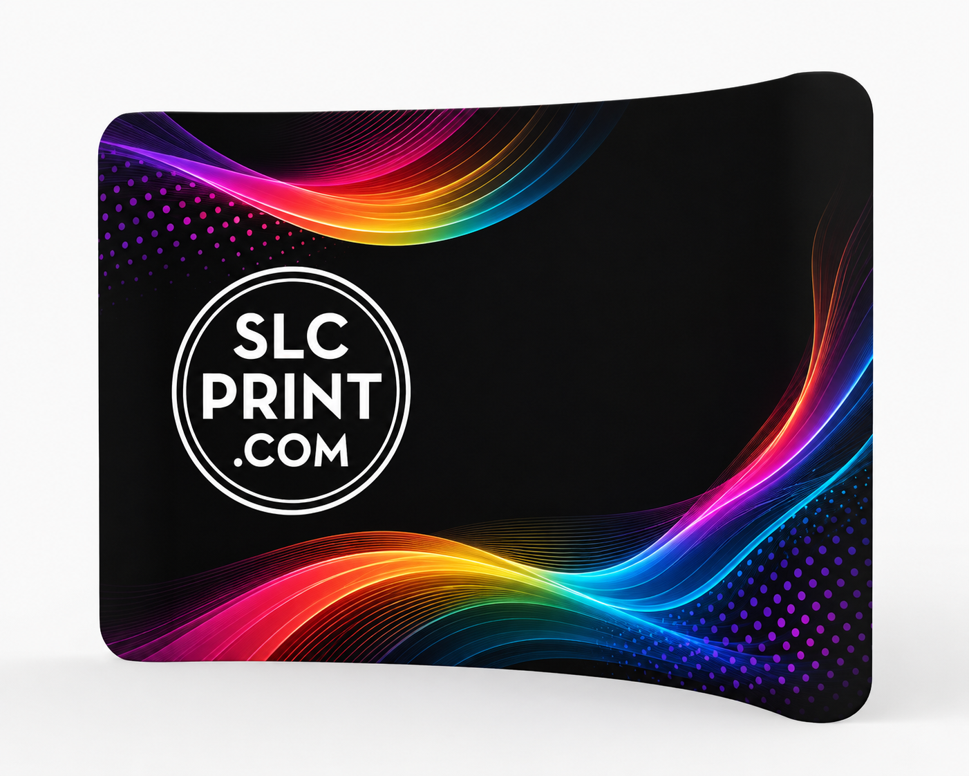 Colorful curved display with 'SLC Print.com' logo on a black background