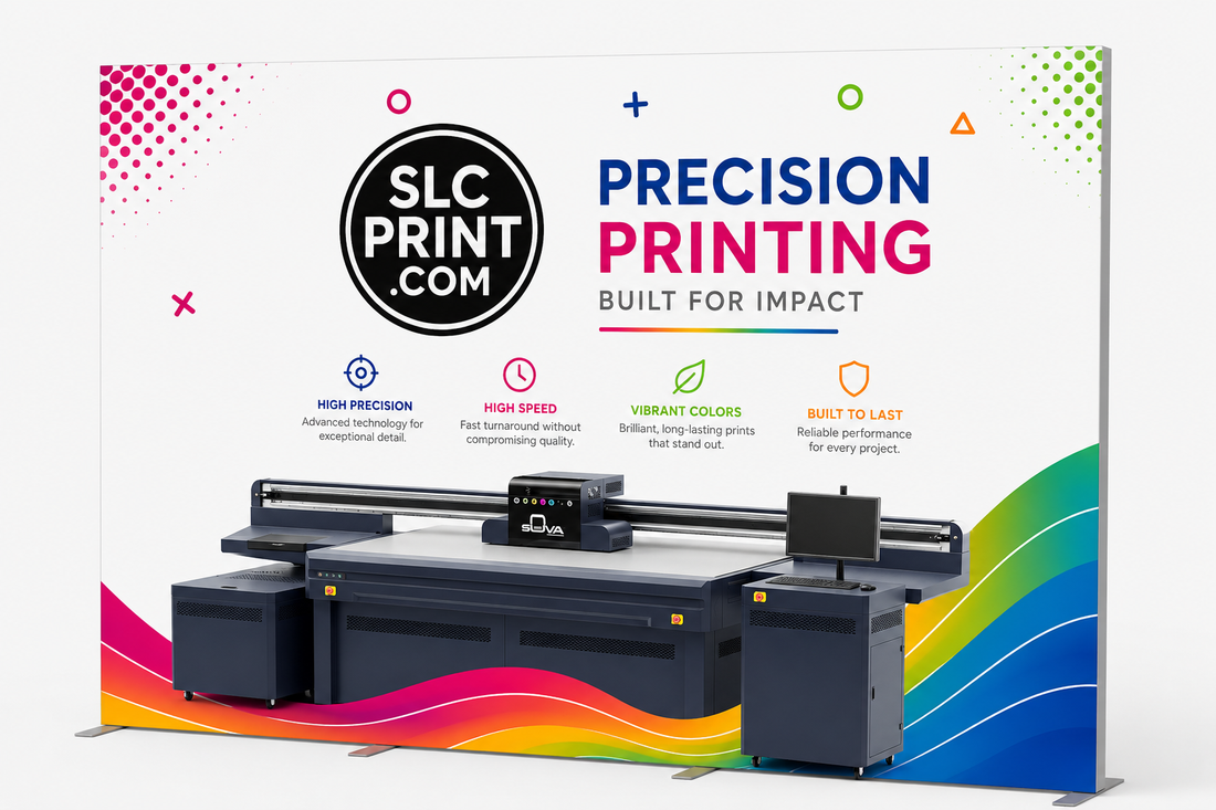 SEG Display with SLC Print precision printing machine with colorful design elements on a white background