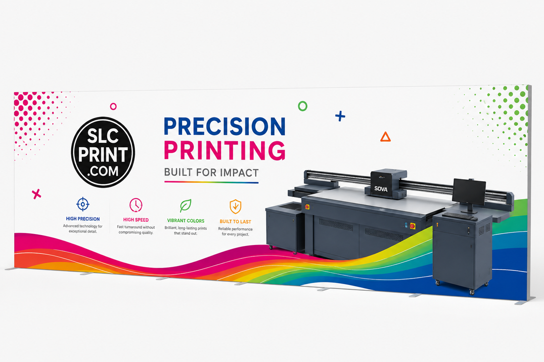  Long SEG display with SLC Print precision printing machine with colorful banner and branding elements.