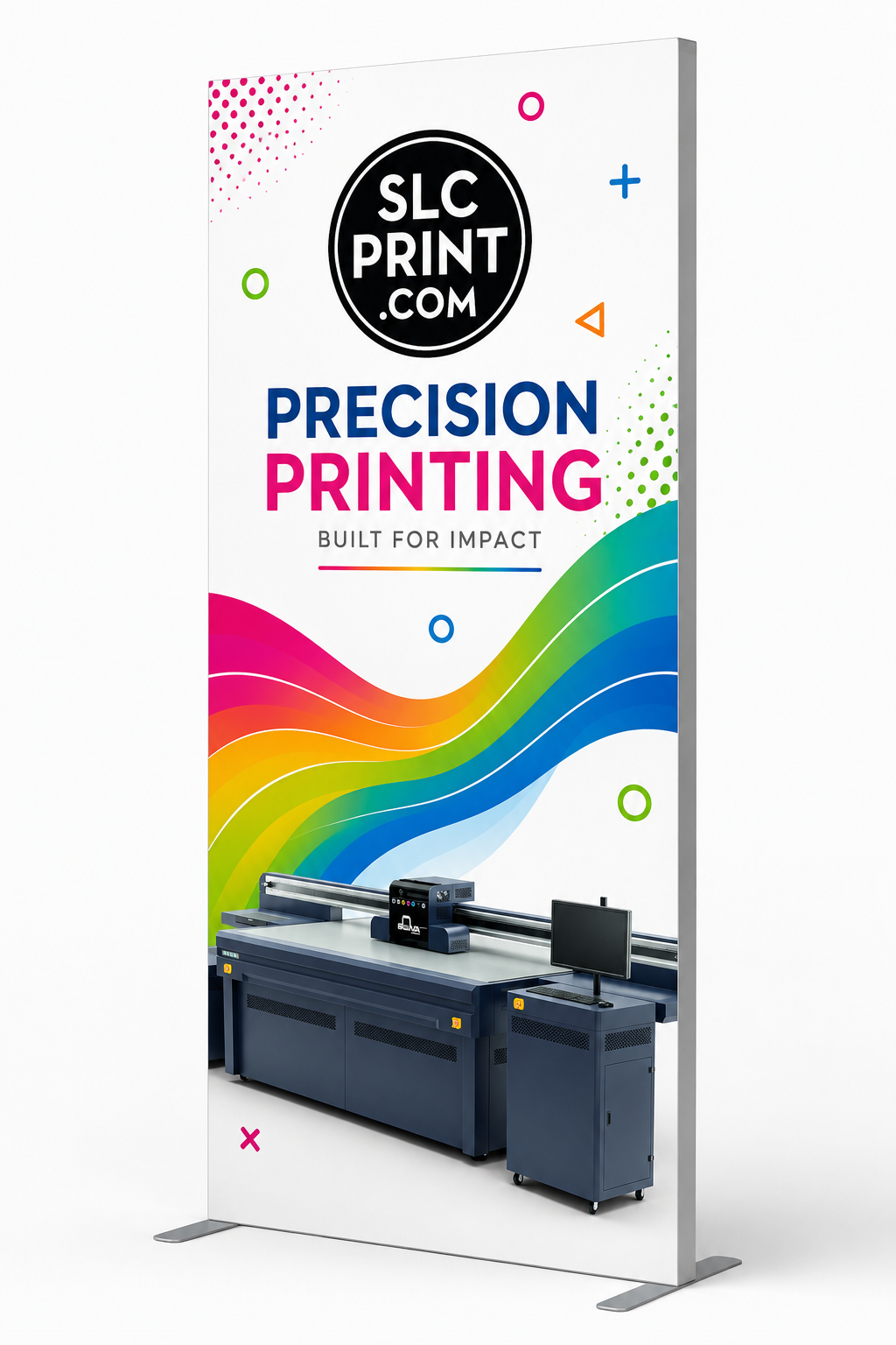 SEG display banner with a printing machine and colorful design elements on a white background