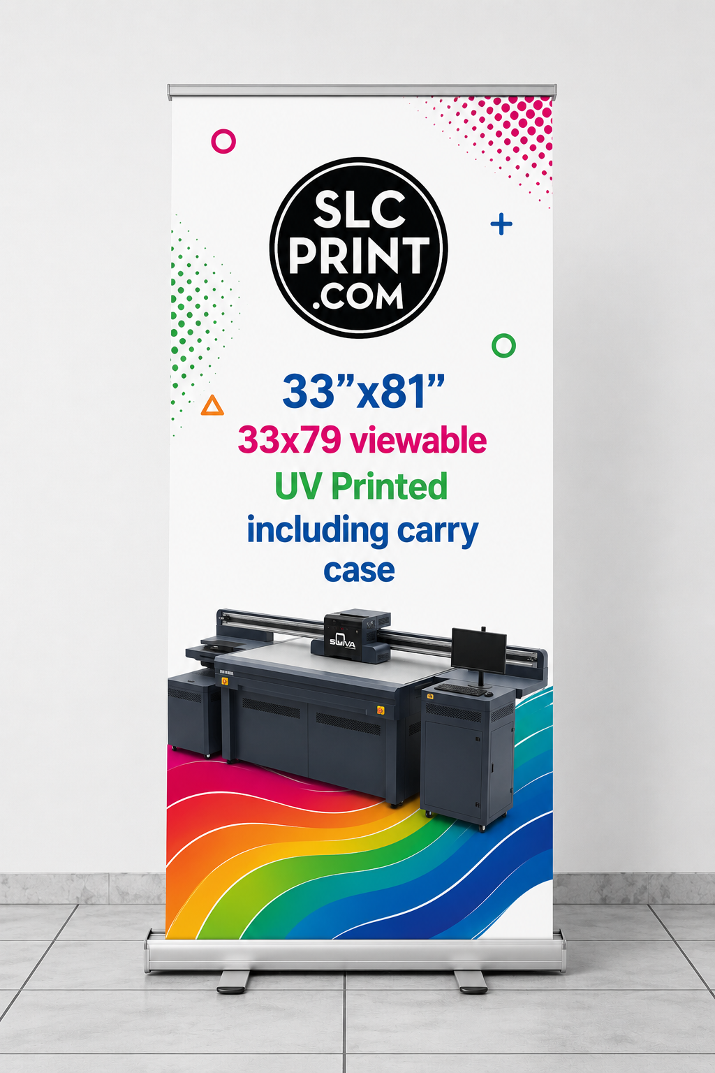 Roll-up banner for SLC Print with printer image and text on a white background