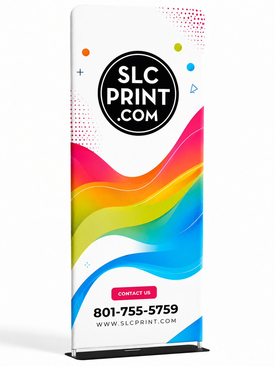 Colorful tension banner with SLC Print branding on a white background