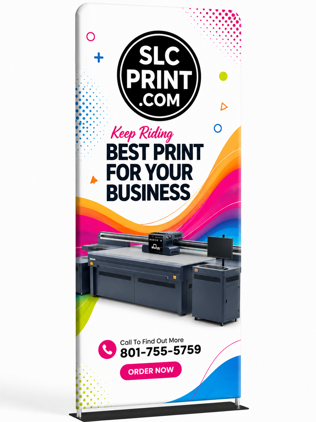 Promotional banner for SLC Print with colorful design and contact information.
