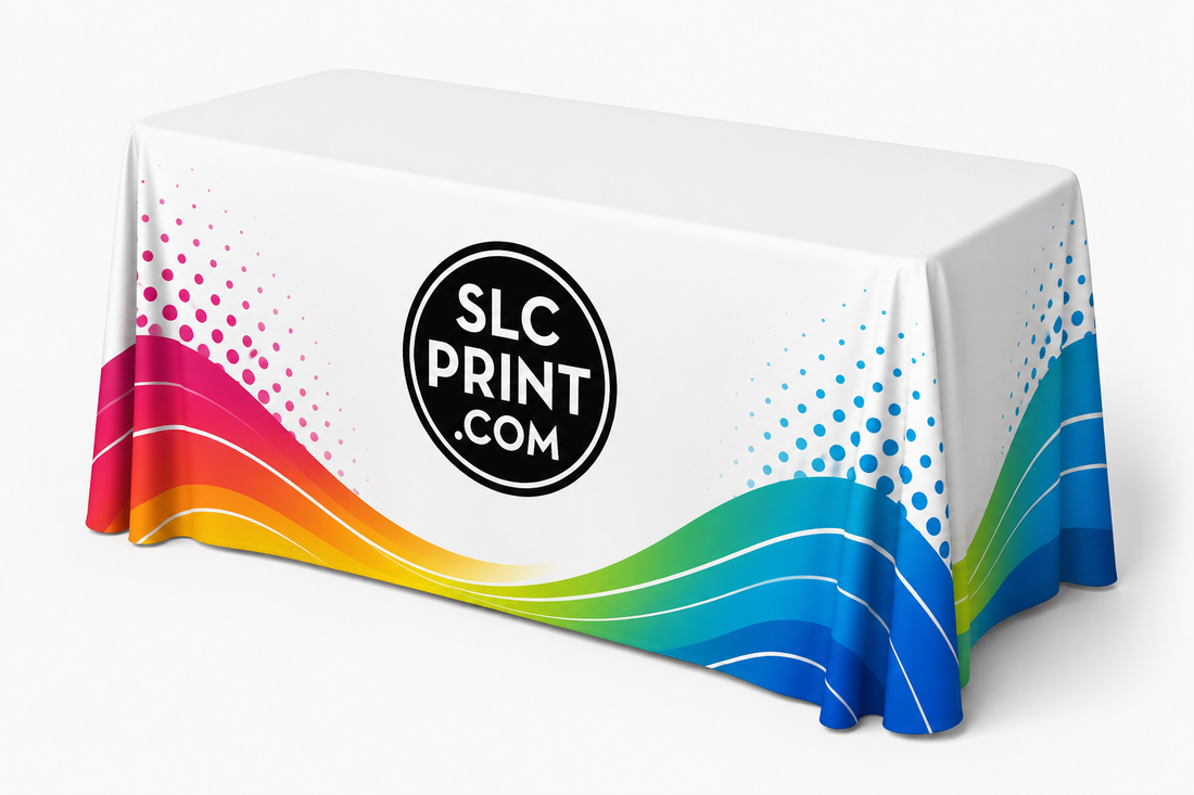 Colorful tablecloth with SLC Print logo on a white background