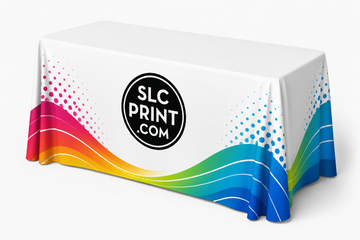 Colorful tablecloth with SLC Print logo on a white background