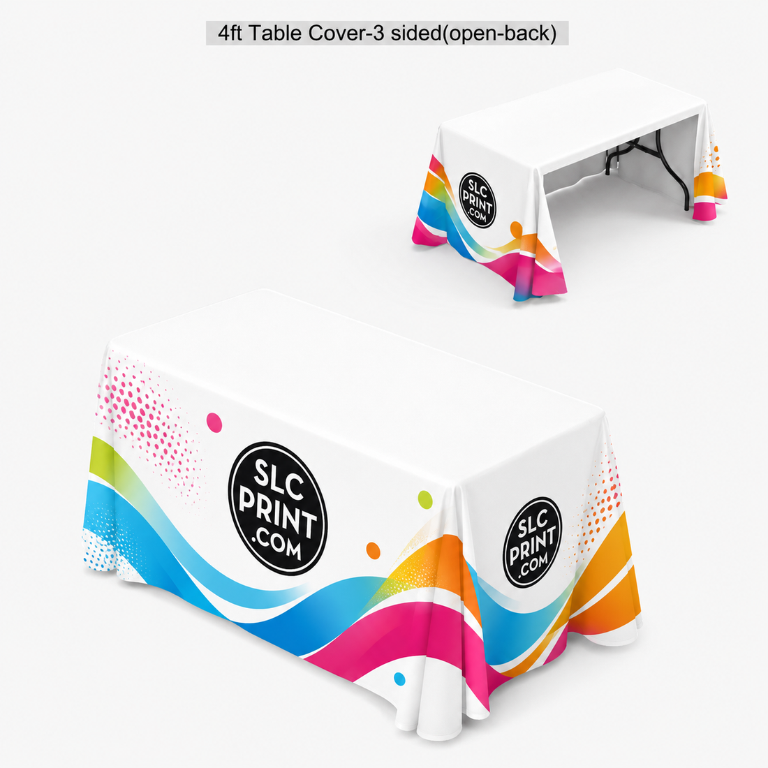 Colorful 6fttable cover with SLC Print logo on a white background