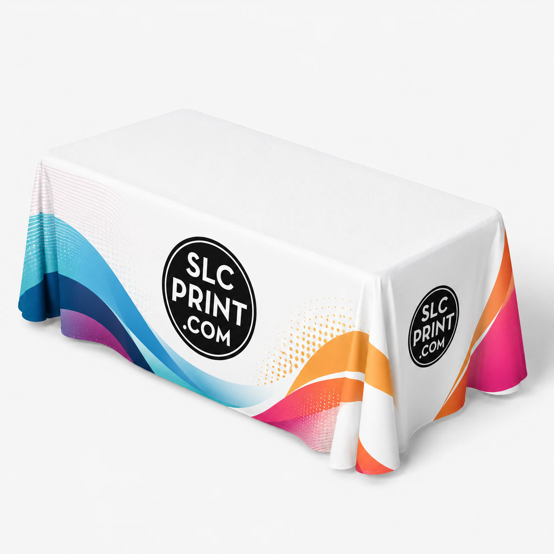 Colorful tablecloth with SLC Print logo on a white background