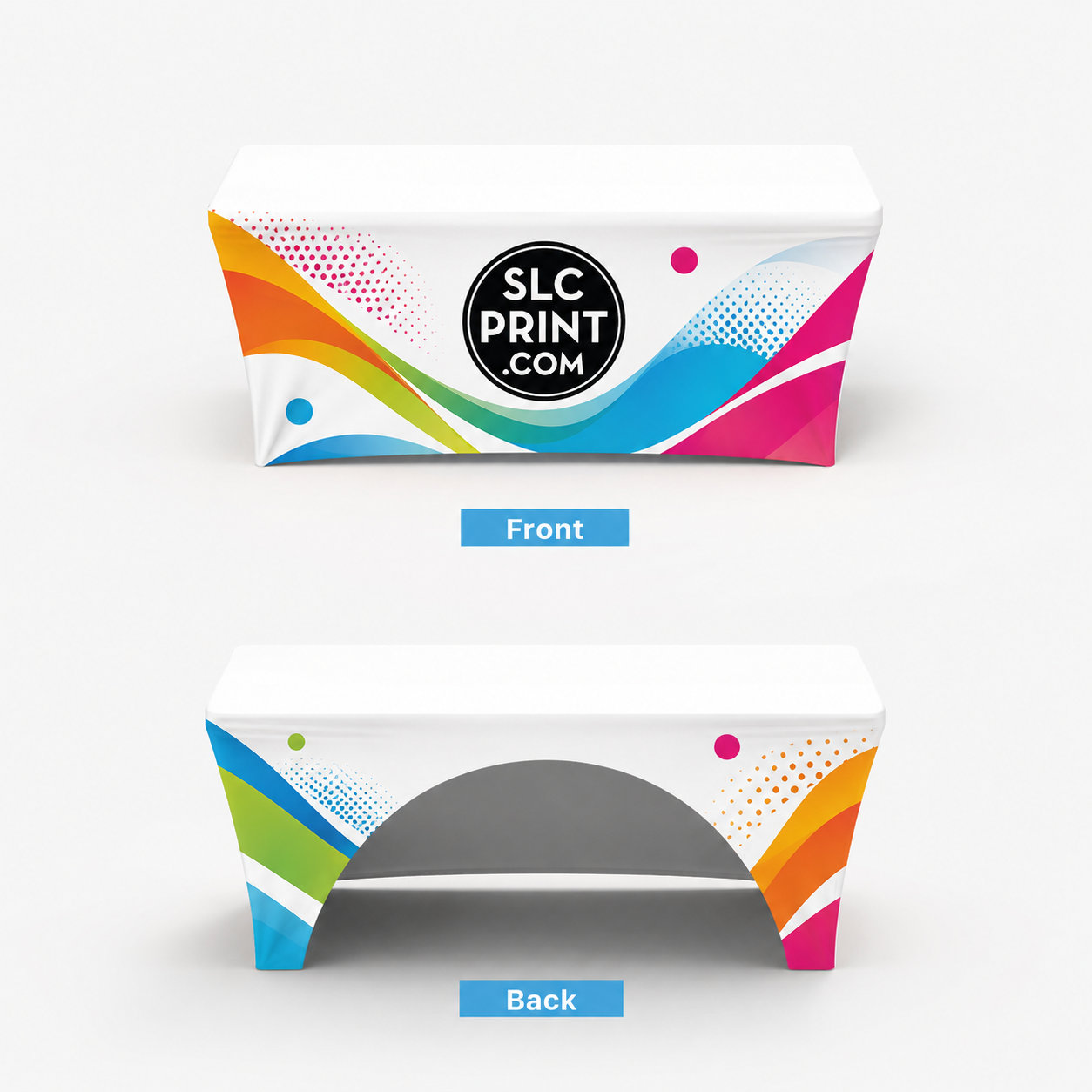 Colorful printed fitted table cover with 'SLC Print' branding on a white background
