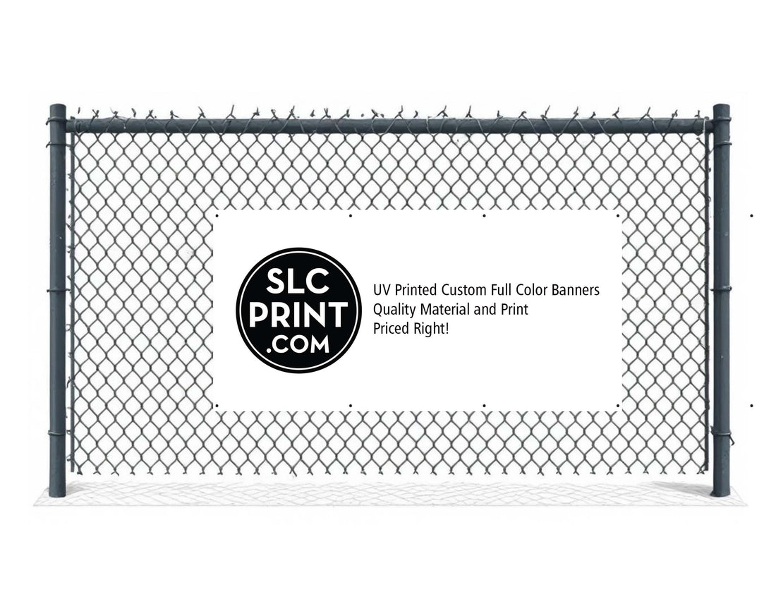 a picture of a 6x3 foot banner attached to a chain link fence, it advertises custom full color banner with quality material and priced right