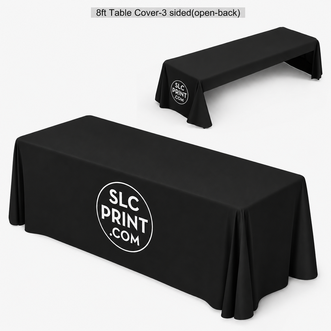 Black table cover with 'SLC Print' logo on an 8ft table.