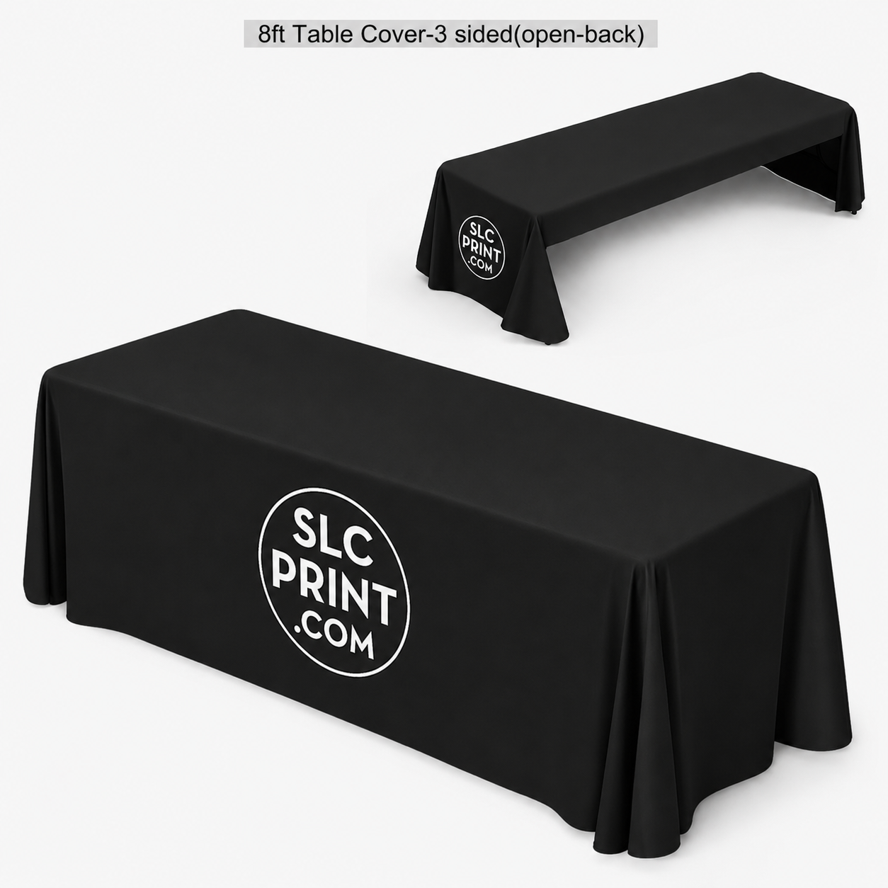 Black table cover with 'SLC Print' logo on an 8ft table.