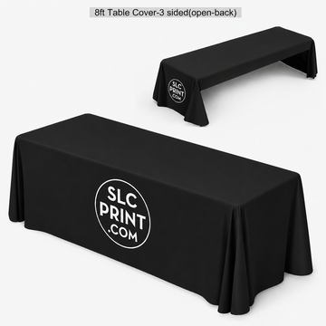 Black table cover with 'SLC Print' logo on an 8ft table.