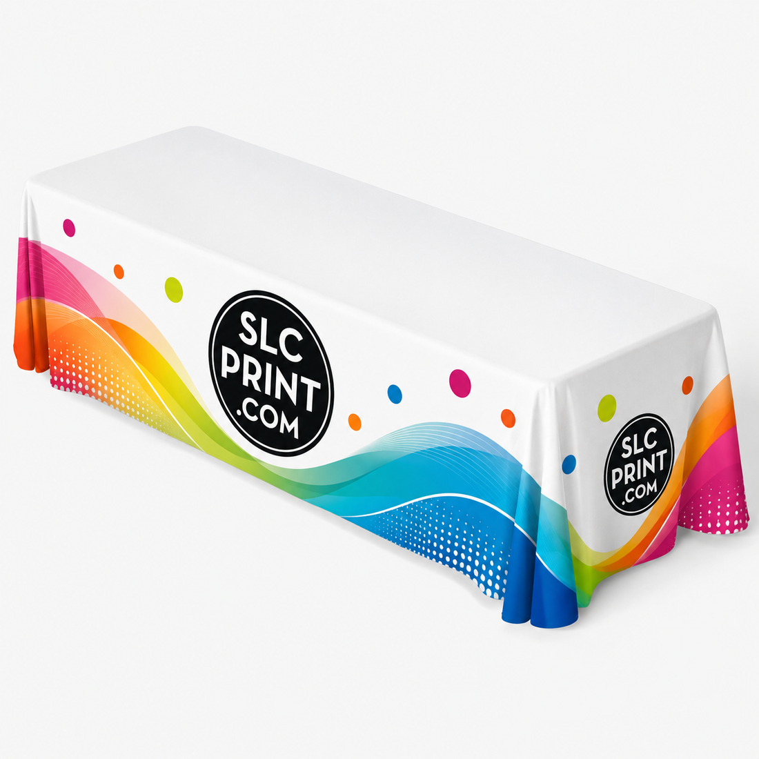 Colorful tablecloth with SLC Print logo on a white background