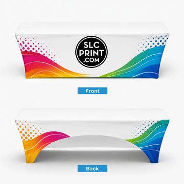 Colorful tension table cover with SLC Print logo on a white back