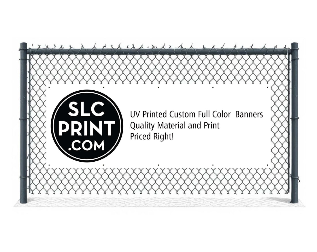 picture of a 8x3 banner attached to a fence in front of a white background