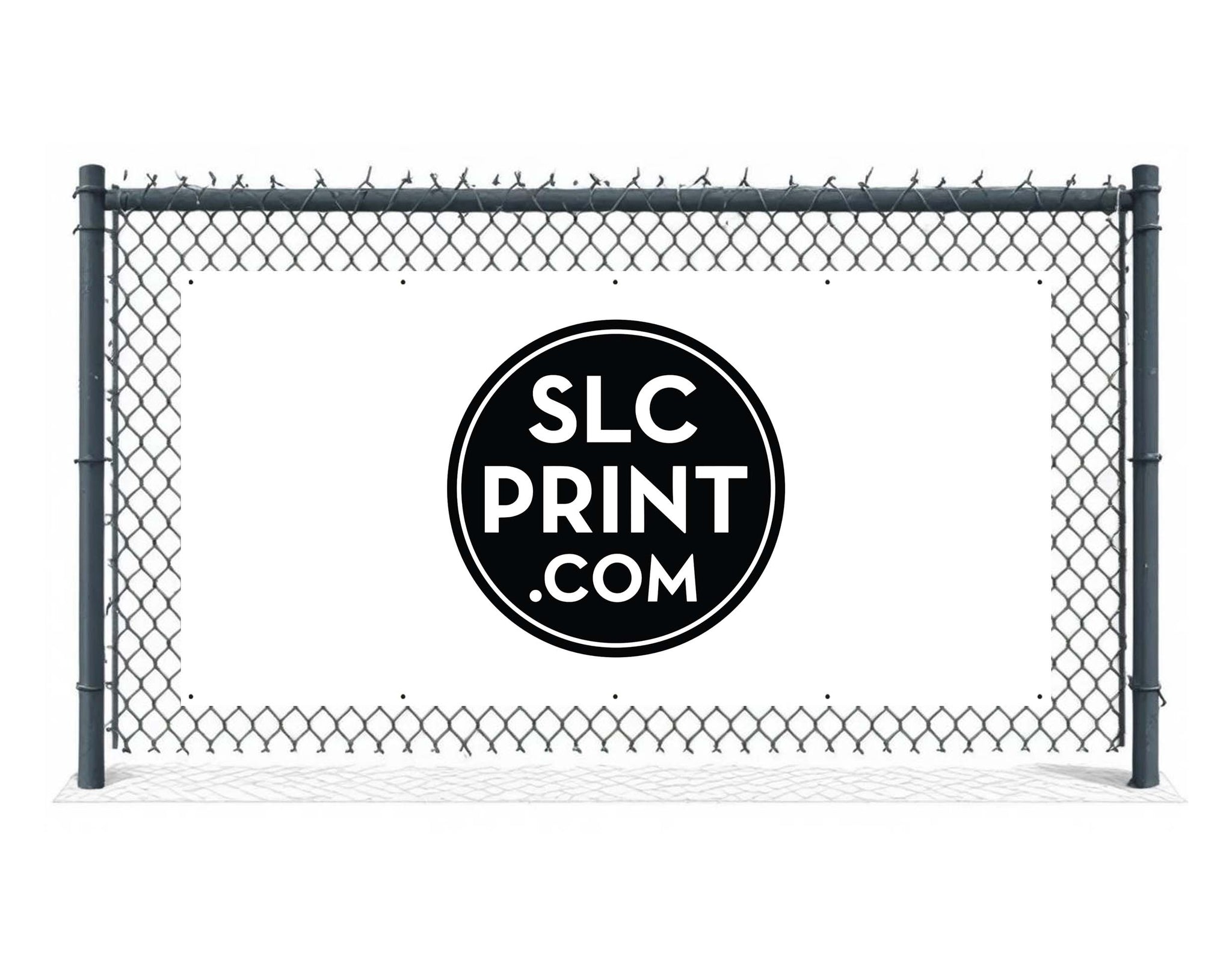 a picture of a 8x4 foot banner attached to a fence with a business logo printed on the banner