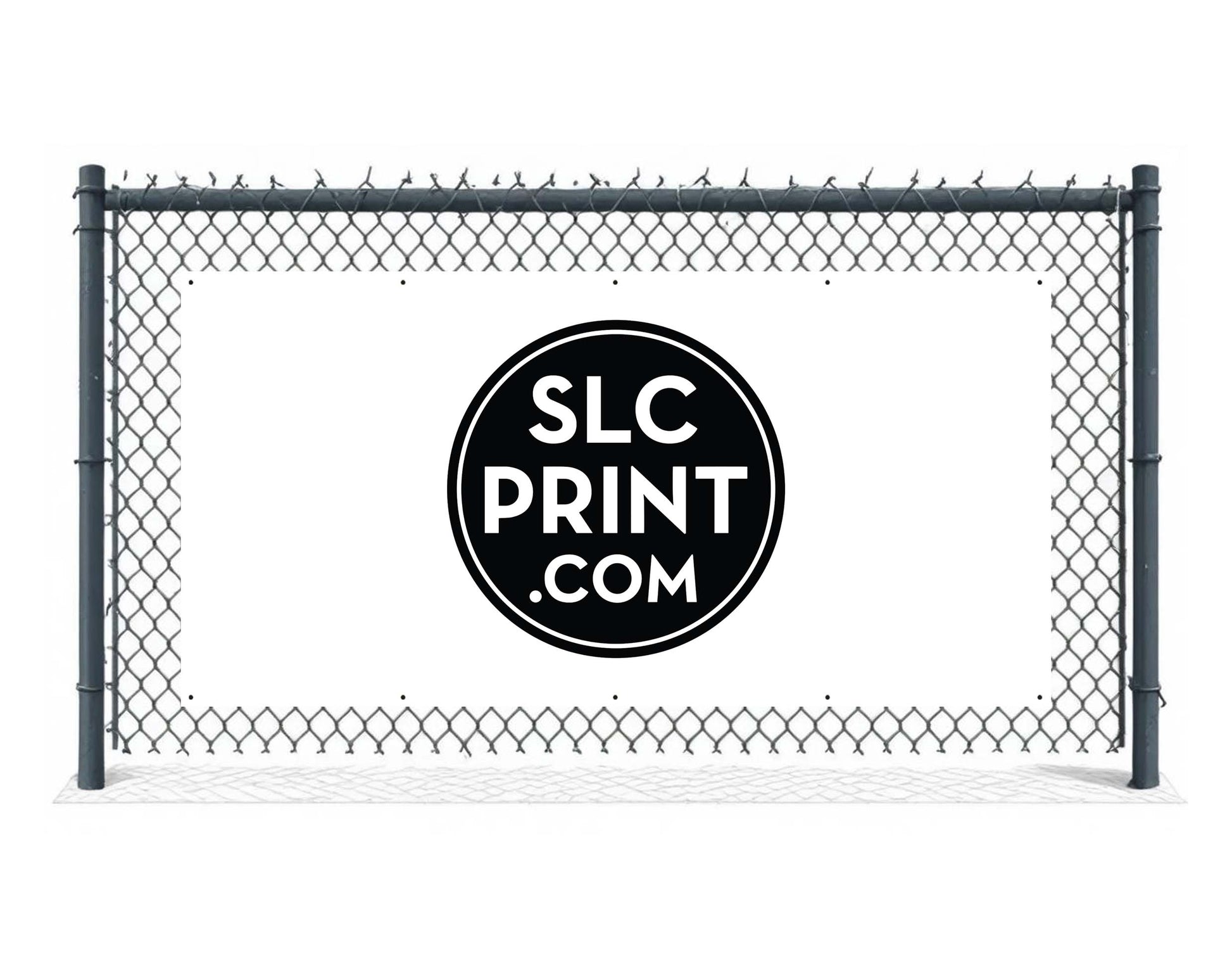 a picture of a 8x4 foot banner attached to a fence with a business logo printed on the banner