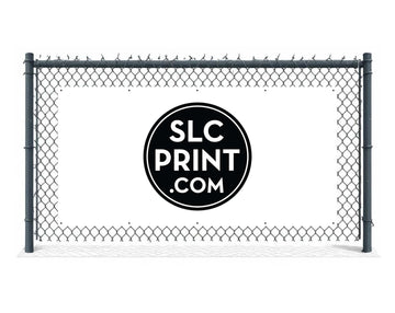 a picture of a 8x4 foot banner attached to a fence with a business logo printed on the banner