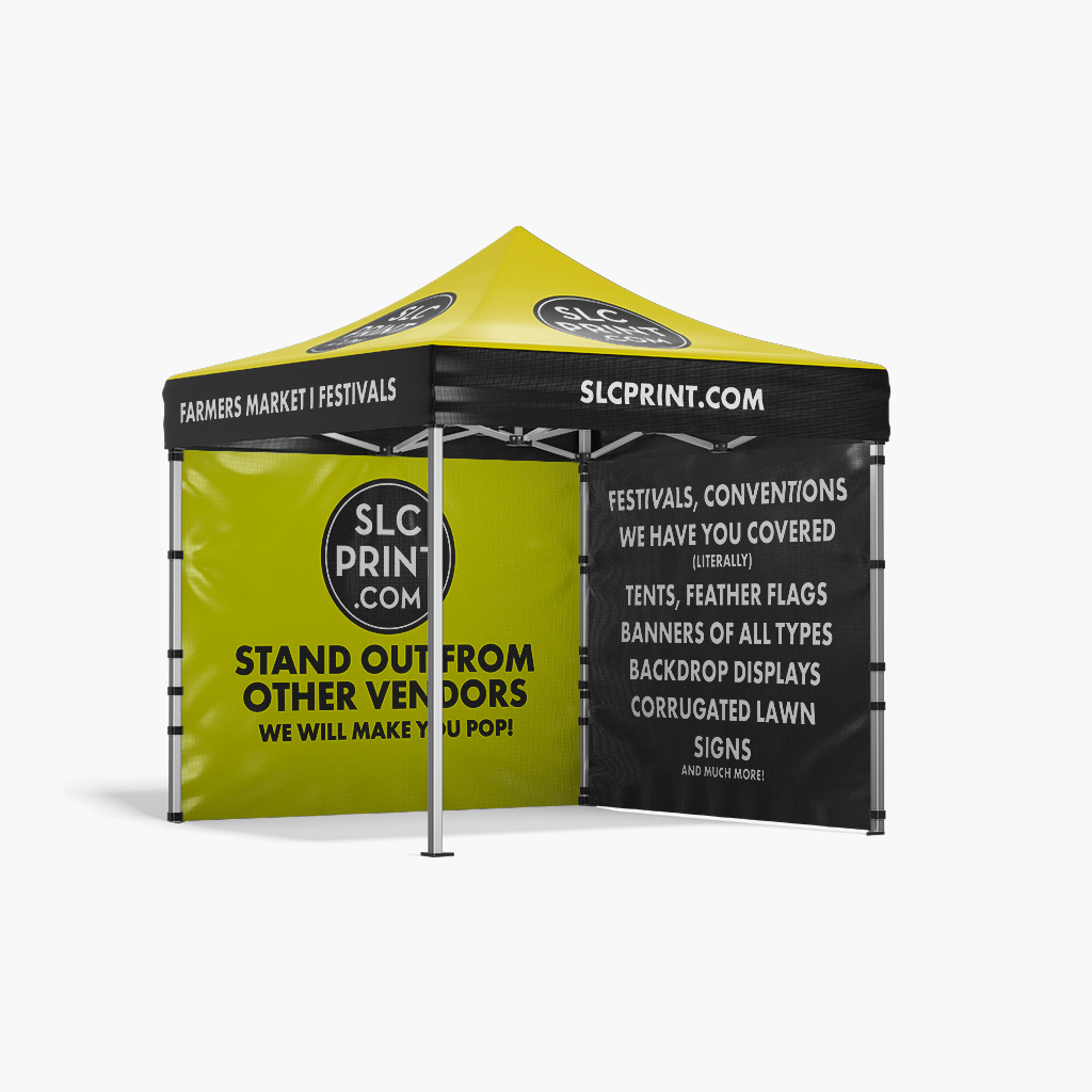 Picture of a custom canopy tent with two full walls in front of a white background