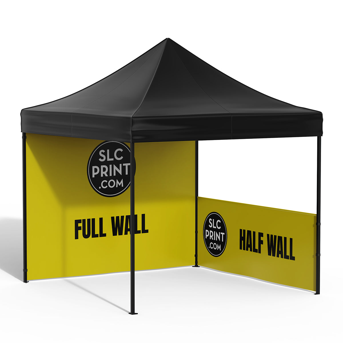 A picture of a tent with a custom printed full wall and custom printed half wall