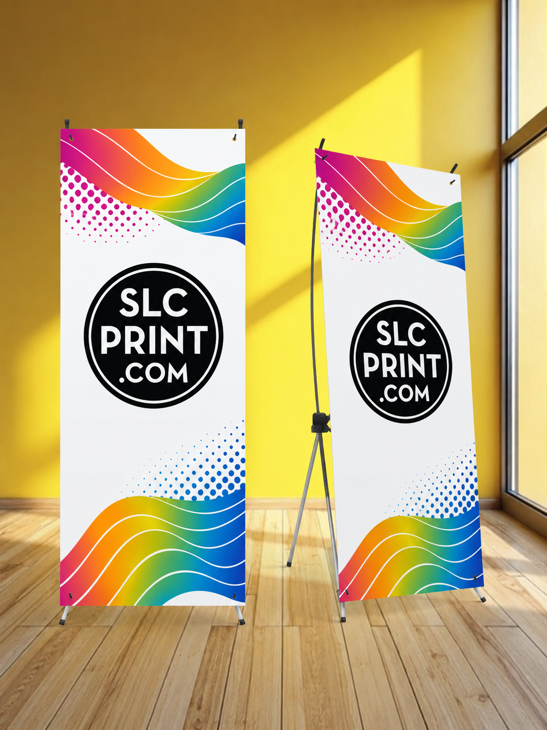 Two colorful x-frame banners with 'SLC Print' logo on a yellow wall.