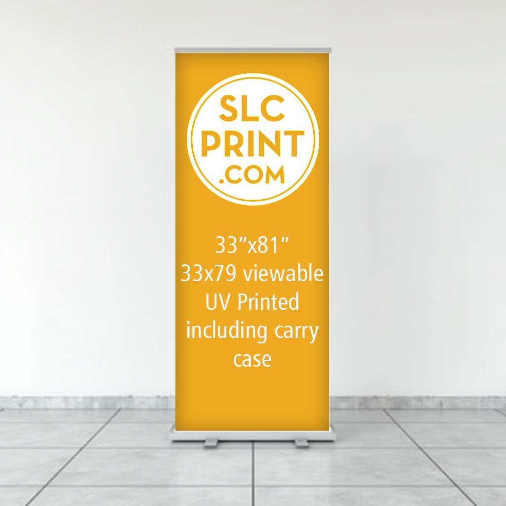 Picture of a retractable banner that is on a tile floor. It is advertising a 33x81 uv printing display