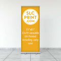 Picture of a retractable banner that is on a tile floor. It is advertising a 33x81 uv printing display