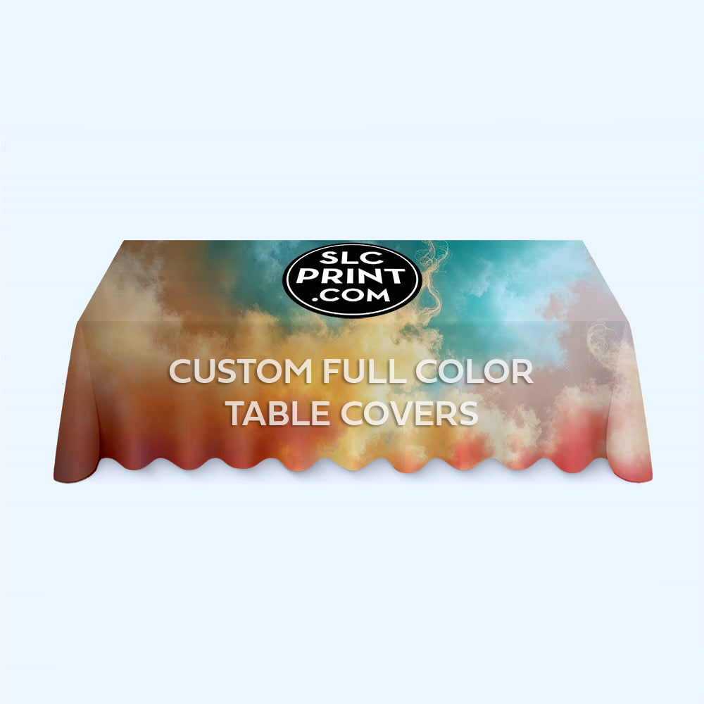 picture of a full color table cover in front of a white background