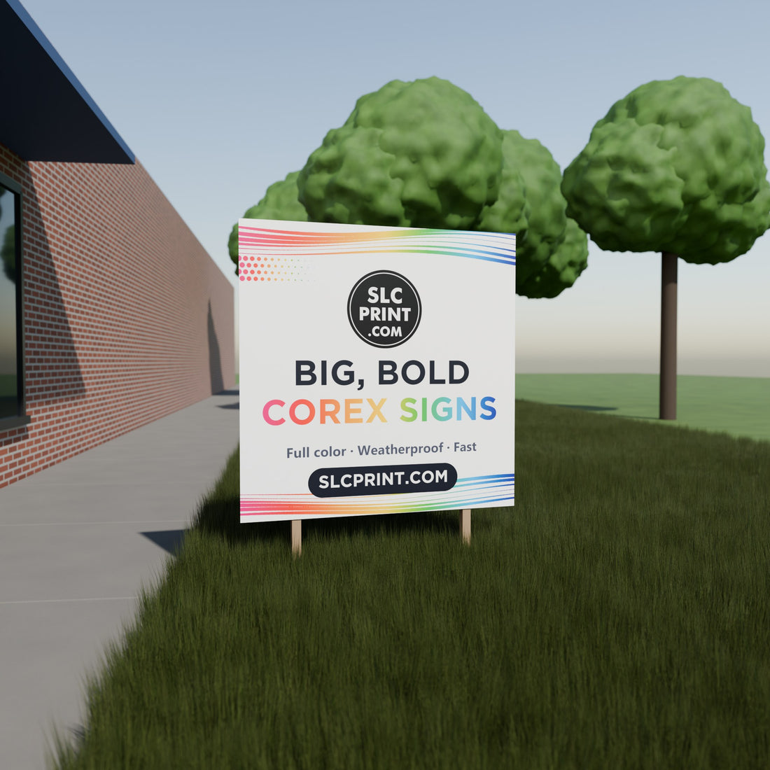 4x4 ft custom printed corrugated plastic sign on wooden stakes in a lawn beside a storefront