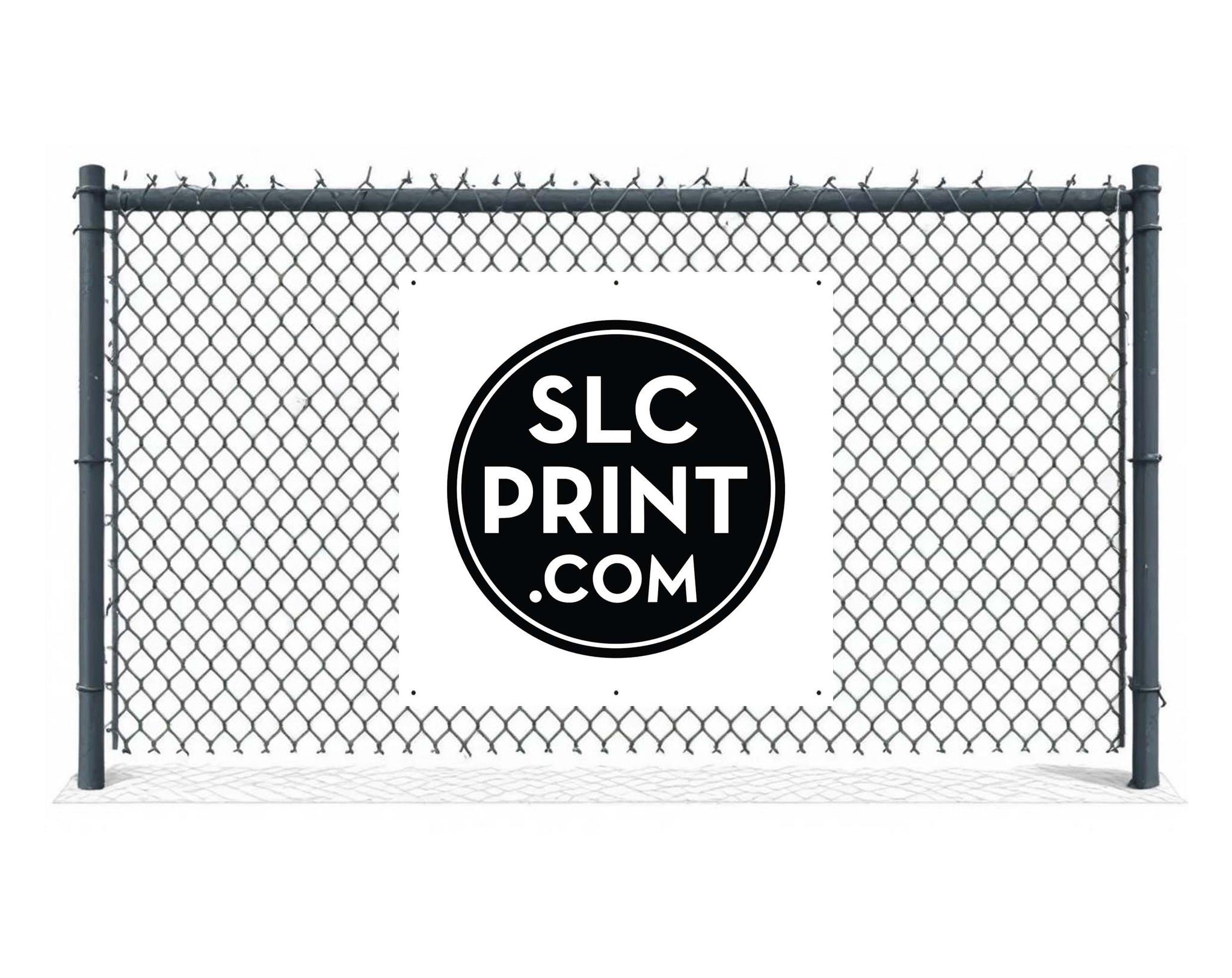 A 4x4 foot printed banner hanging on a fence