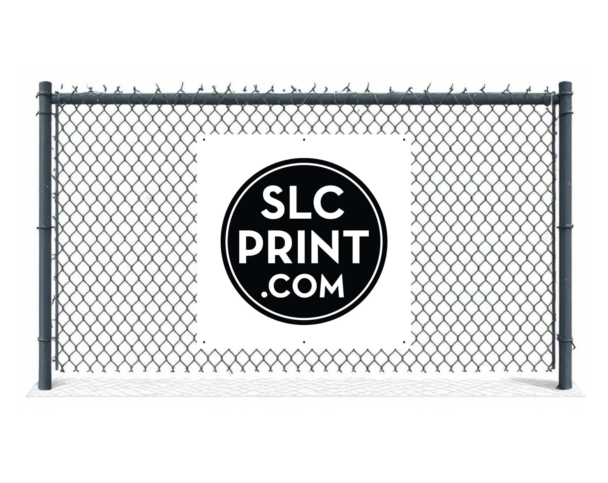 A 4x4 foot printed banner hanging on a fence