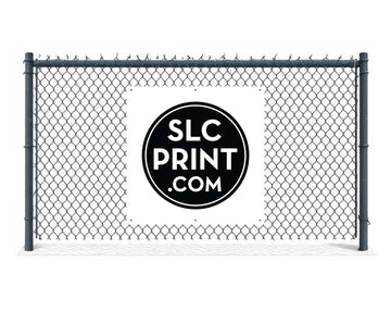 A 4x4 foot printed banner hanging on a fence