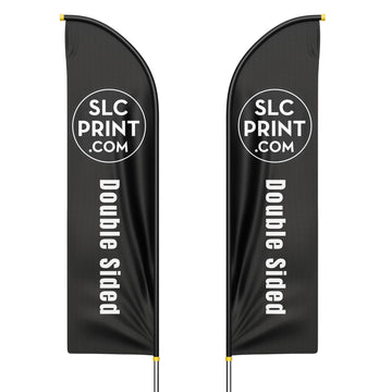 picture of a double sided feather flag in front of a white background