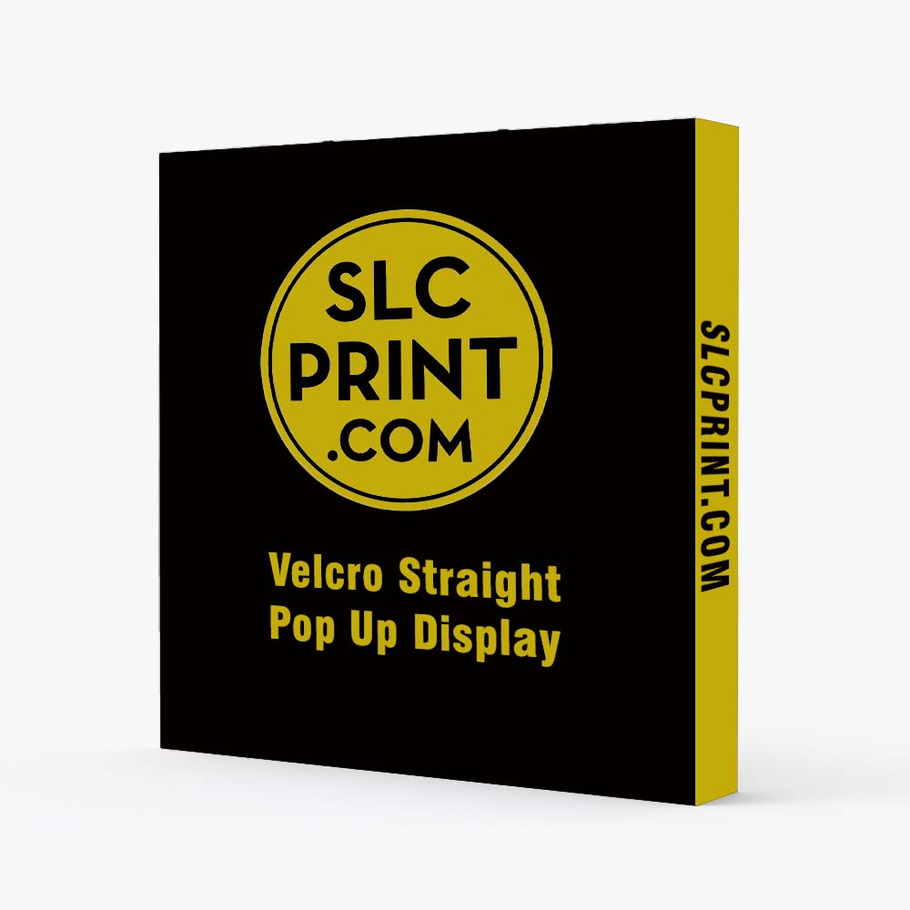 A picture of a convention pop-up display with with a logo and text colors yellow and black in front of a white background