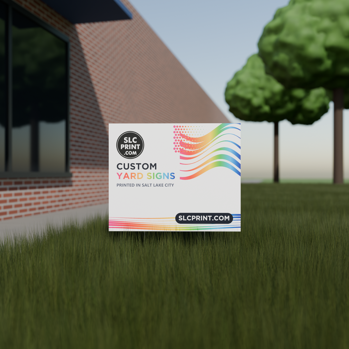 22x18 corrugated lawn sign printed in full color with the SLC Print logo, on a wire step stake in the grass
