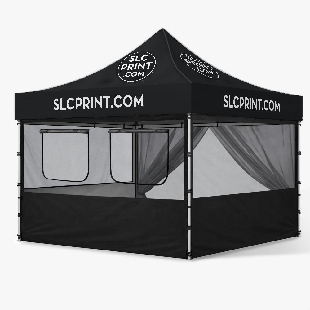 A 10x10 canopy tent with a mesh wall kit in front of a white background 