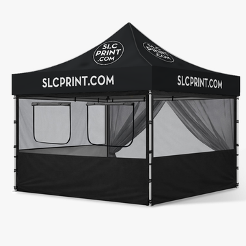 A 10x10 canopy tent with a mesh wall kit in front of a white background 